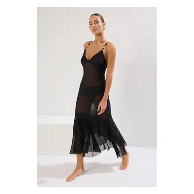 Trendyol Black Maxi Knitted Flounce Transparent Beach Dress