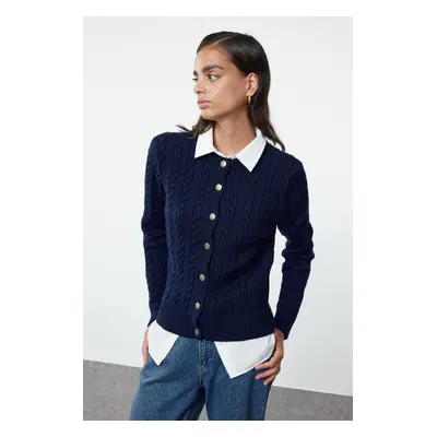 Trendyol Navy Blue Premium Yarn/Special Yarn Knit Detail Jacket Look Knitwear Cardigan