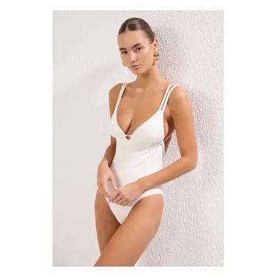 Trendyol Ecru V Neck Accessorized Textured Swimsuit