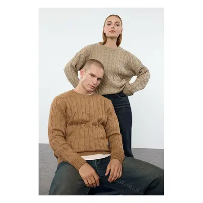 Trendyol Camel Unisex Regular Fit Couple/Double Crew Neck Hair Knitted Sweater