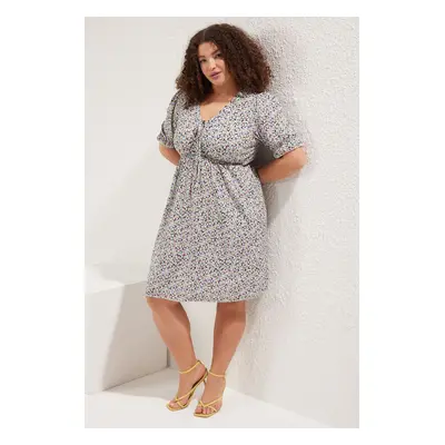 Trendyol Curve Lilac Floral Patterned V Neck Knitted Plus Size Dress