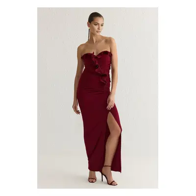 Trendyol Burgundy Flounce Detailed Body-Smoothing Long Elegant Evening Dress