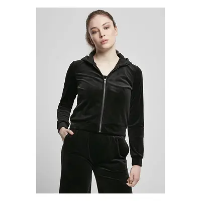 Women's short velvet hoodie with zipper, black