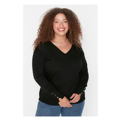 Trendyol Curve Black V-Neck Button Detailed Knitwear Sweater