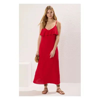 Trendyol Red Plain Straight Cut Ruffle Maxi Woven Dress