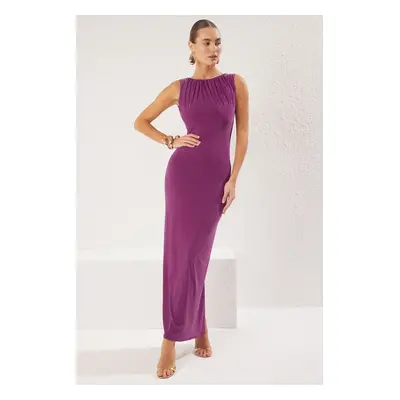 Trendyol Plum Straight Drawstring / Drape Woven Sandy Maxi Evening Dress & Homecoming Dress