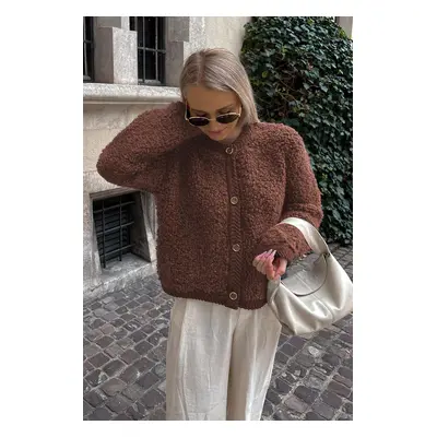 Madmext Brown Buttoned Boucle Knitwear Cardigan