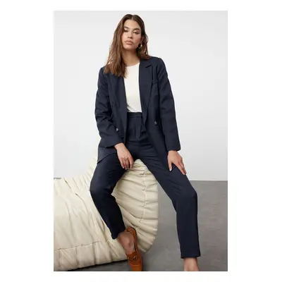 Trendyol Navy Blue Linen Look Woven Jacket Trousers Top-Bottom Set