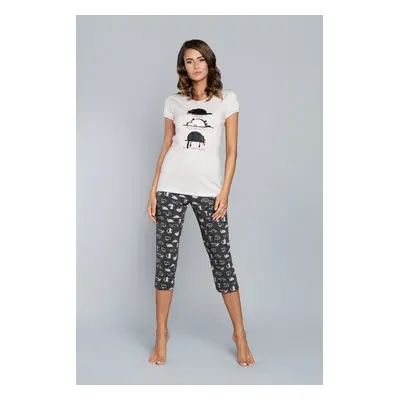 Pyjamas Dima with short sleeves, 3/4 pants - ecru print/dark melange