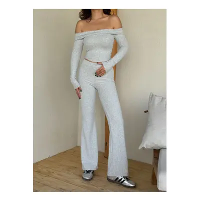 Trendyol Grey Melange High Waist Flexible Ribbed Knitted Trousers