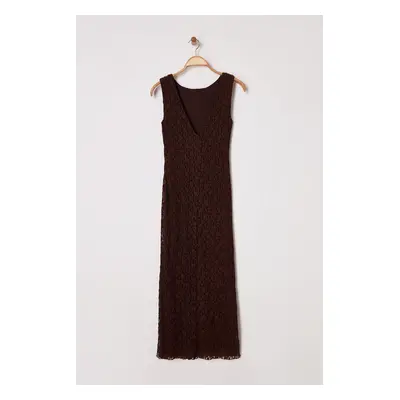 Trendyol Limited Edition Brown Lace Bodycon Stretchy Knit Dress