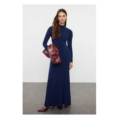 Trendyol Navy Blue Straight Fitted Maxi High Collar Stretchy Knitted Dress