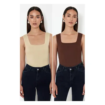 Trendyol Stone-Brown Basic Double Pack Top Knitted Thin Blouse