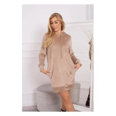 Velour dress with a hood in beige color