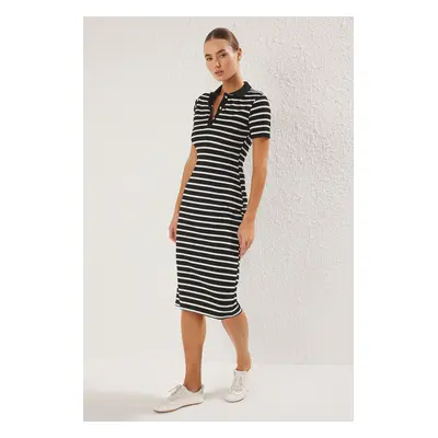 Trendyol Black Striped Mini Striped Polo Neck Knit Dress