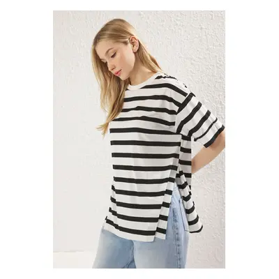 Trendyol Black Striped Double Sleeve Asymmetric Oversize/Wide Pattern Knitted T-Shirt