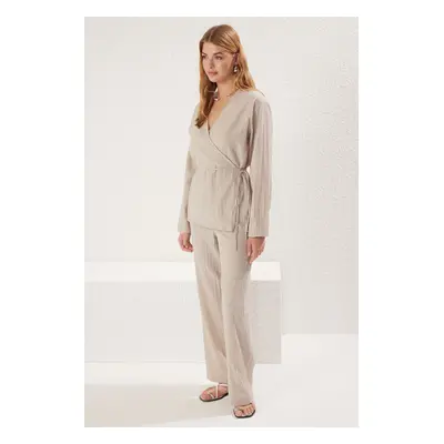 Trendyol Beige Double Breasted Tie Detailed Blouse and Trousers Weaving Upper-Lower Team