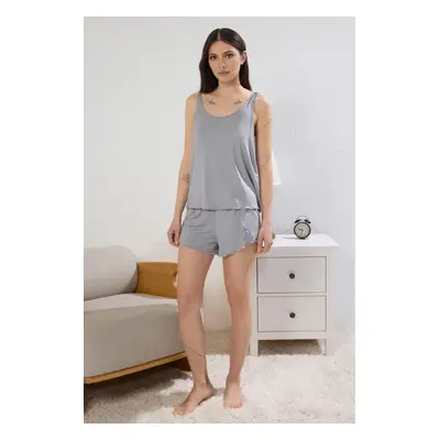 Trendyol Gray Melange Plain Jersey Shorts Knitted Pajama Set