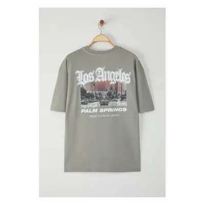 Trendyol Grey Oversize/Wide Cut 100% Cotton Los Angeles Printed T-Shirt