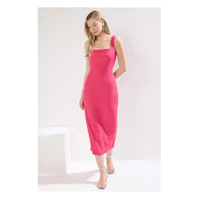 Trendyol Fuchsia Plain Maxi Ottoman Flexible Square Collar Thick Strap Bodycon Knitted Dress