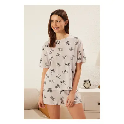 Trendyol Gray Printed Square Printed Jersey Knitted Pajama Set