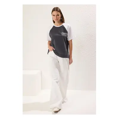 Trendyol Anthracite 100% Cotton Color Block Slogan Relaxed Cut Knitted T-Shirt