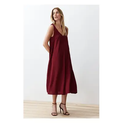 Trendyol Claret Red Comfortable Cut V-Neck Midi Woven Dress