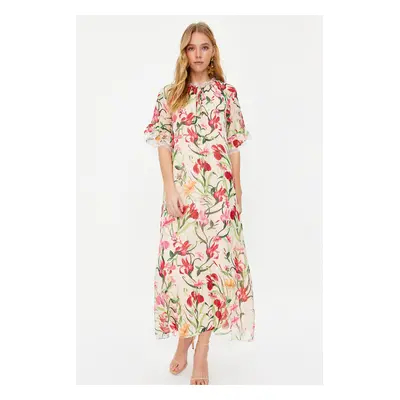 Trendyol Ecru Floral Chiffon Evening Dress