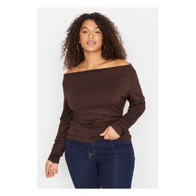 Trendyol Curve Brown Carmen/Madonna Collar Flexible Draped Knit Plus Size Blouse