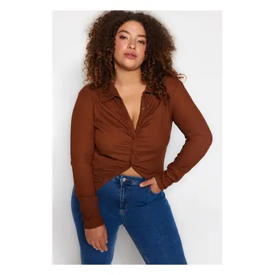 Trendyol Curve Brown Fitted Gathered Knitted Shirt