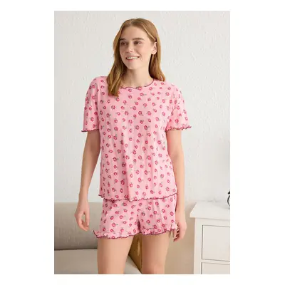 Trendyol Pink Floral Ruffle Pointel Openwork/Hole Knitted Pajama Set with Shorts