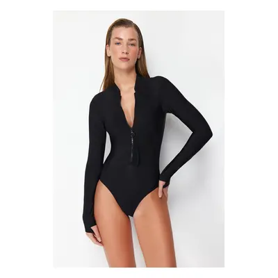 Trendyol Black Zipper Long Sleeve Regular Swimsuit