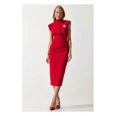 Happiness İstanbul Women's Red Elegant Brooch Gathered Wrap Knitted Dress