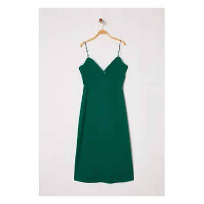 Trendyol Emerald Green Plain Bow Midi Strappy Elastic Knit Dress