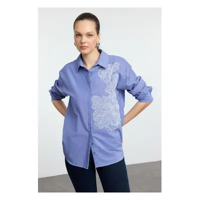 Trendyol Blue Floral Embroidery Detailed Oversize Wide Pattern Shirt