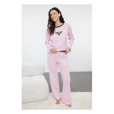 Trendyol Pink 100% Cotton Heart and Slogan Printed Elastic Knitted Pajama Set