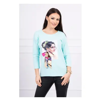 Blouse with graphics and a colorful bow 3D mint