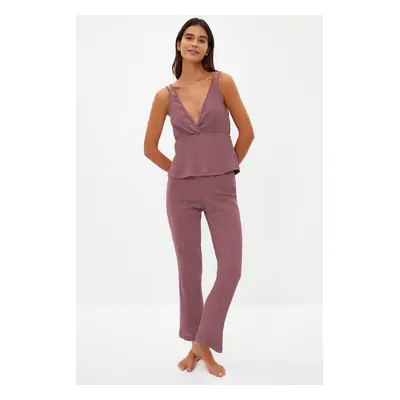 Trendyol Dusty Rose Corduroy Knitted Pajama Set with Strappy Straps