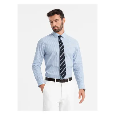 Ombre Men's REGULAR FIT cotton shirt with vertical stripes - blue and white OM-SHOS