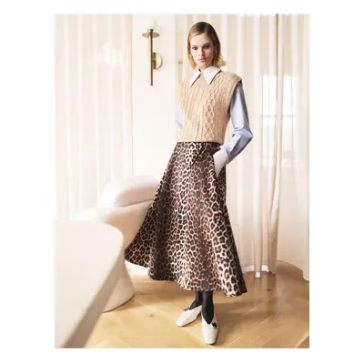 Koton X Melis Ağazat - Midi Length Leopard Print Flared Satin Skirt