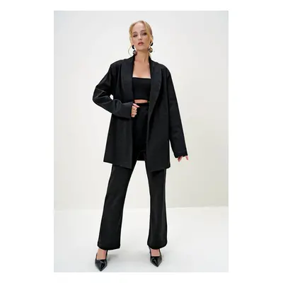 Trend Alaçatı Stili Women's Black Shawl Collar Blazer Knit Jacket and Trouser Set