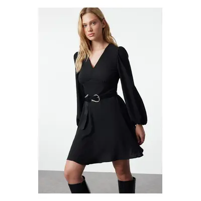 Trendyol Black A-Line Balloon Sleeve Detailed V-Neck Mini Woven Dress