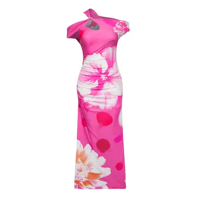 Trendyol Limited Edition Pink Floral Printed Bodycon Cut Out Detailed Stretch Knit Dress