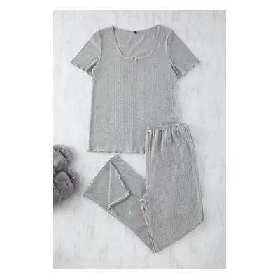 Trendyol Curve Gray Pointel Openwork/Hole Knitted Pajama Set