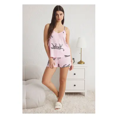 Trendyol Pink Animal Patterned Rope Strap Ribbed Knitted Pajama Set