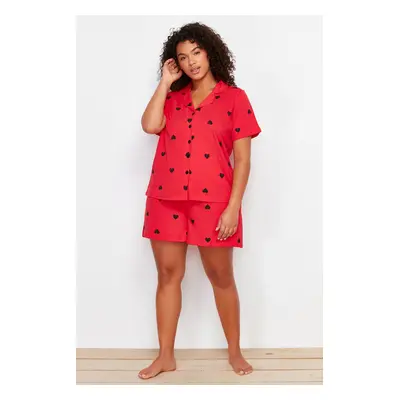 Trendyol Curve Red Heart Print Shirt Collar Knitted Pajamas Set