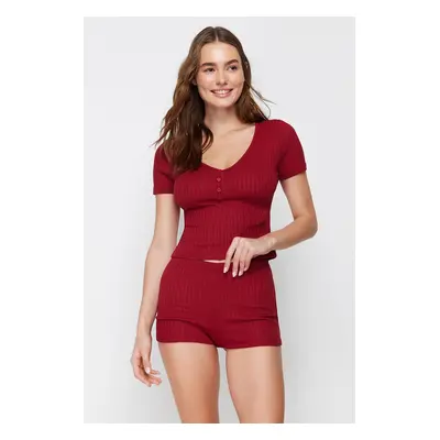 Trendyol Claret Red Button Detailed Corded Knitted Pajama Set