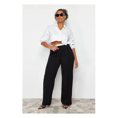 Trendyol Curve Black Waist Poplin Detail High Waist Wide Leg Knitted Plus Size Trousers