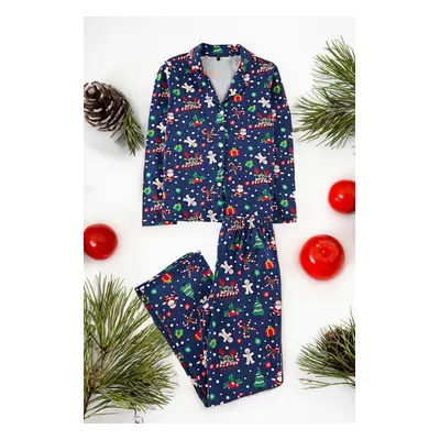 Trendyol Navy Blue 100% Cotton Christmas Themed Knitted Pajamas Set