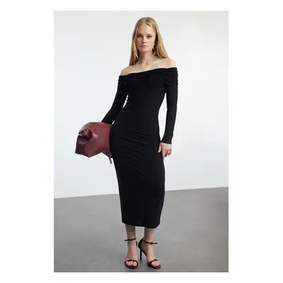 Trendyol Black Carmen Collar Fitted/Fitting Flexible Midi Knitted Dress